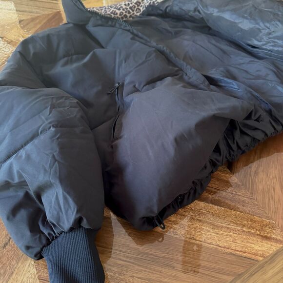 Cropped Black Puffer Jacket Soft Suede Leopard Print Collar Ribbed Cuffs Urban - Picture 8 of 12